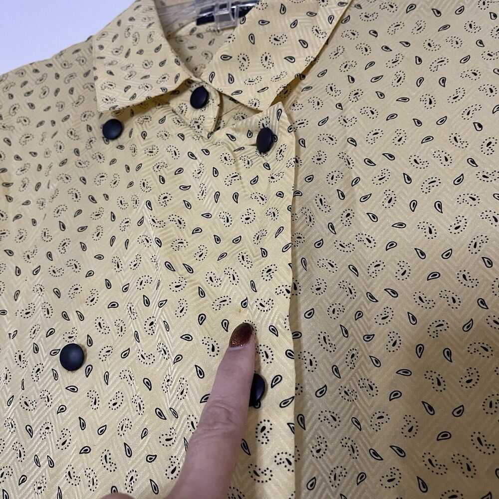 Vintage 80's Louis Feraud yellow silk paisley print double button up blouse US 8 - Picture 5 of 9
